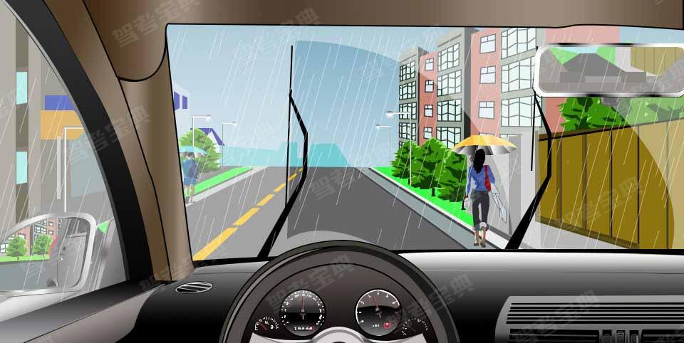 如图所示，驾驶机动车在雨天行驶，驾驶人应当注意的是什么？